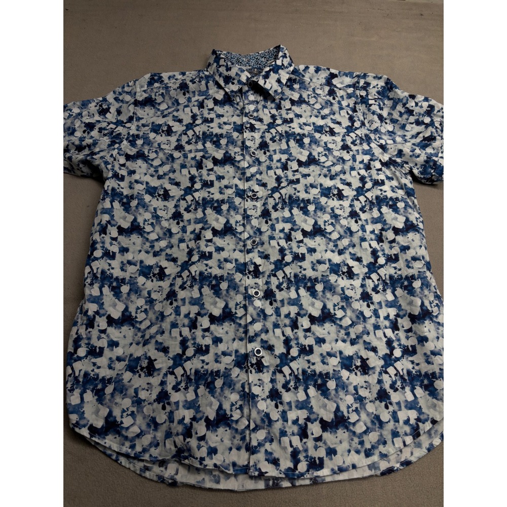Robert Graham Mens Large Blue White Abstract Watercolor Classic Fit Short Sleeve